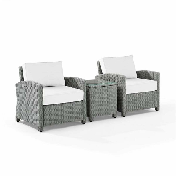 Claustro Bradenton Wicker Armchair Set - Sunbrella - Side Table & 2 Armchairs, White & Gray - 3 Piece CL3045621